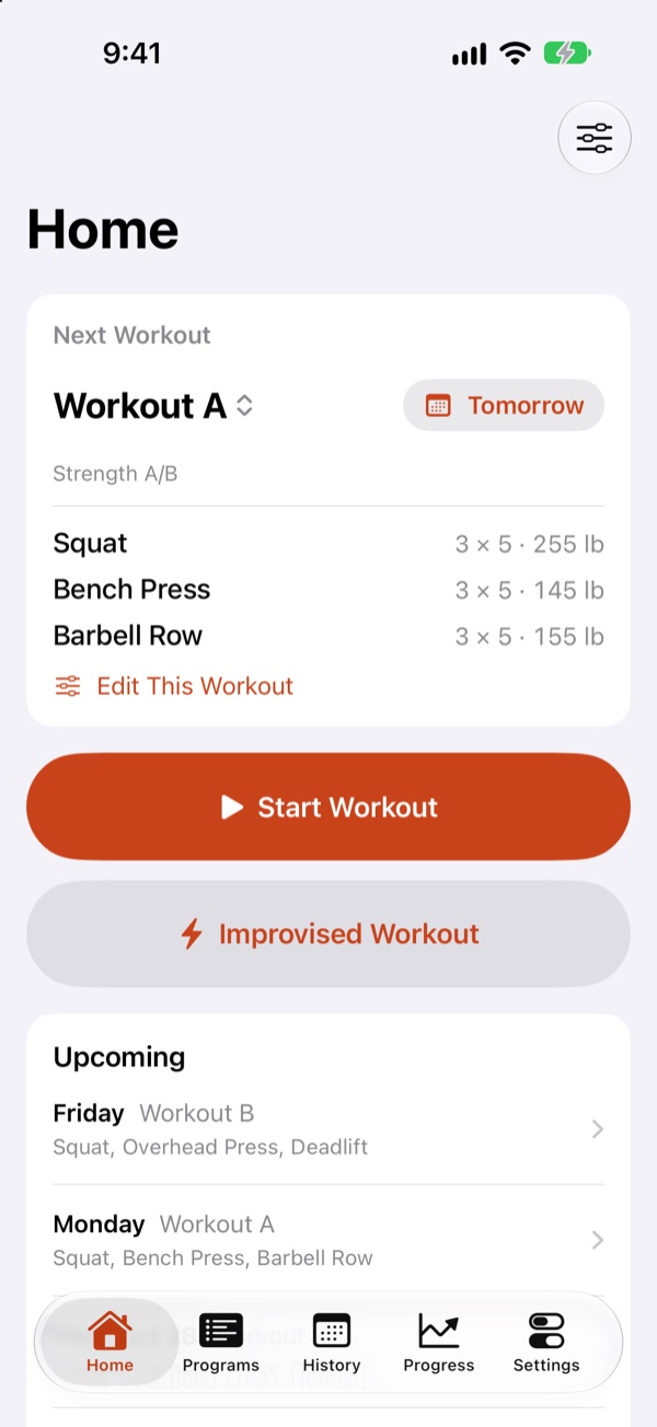 Home screen with the next workout and its weights