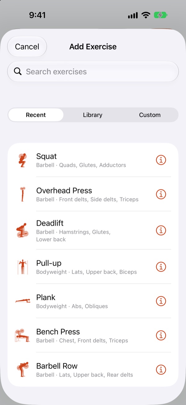 Exercise list with an illustration for each exercise