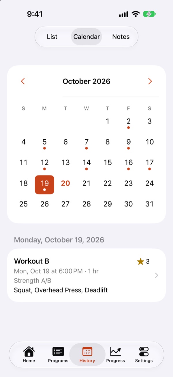 History calendar with training days marked